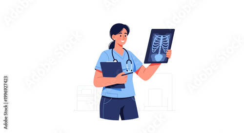 Female doctor or nurse holding medical clipboard and examining x-ray image