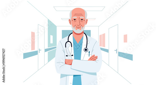 Smiling doctor standing confidently in a hospital corridor with arms crossed