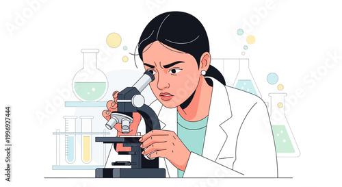 Female scientist examining sample under microscope in laboratory setting with various equipment
