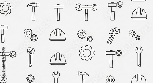 Collection of construction tools and equipment icons including hammers wrenches hard hats and gears on a white background for industrial and workshop themes