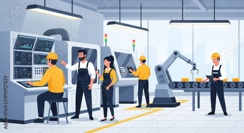 Workers in a modern factory setting with industrial robots and machinery collaborating and operating controls