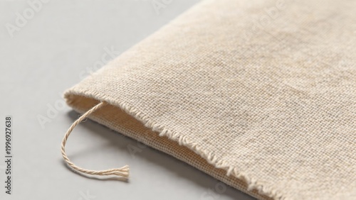 Macro Close-up of Natural Linen Fabric Texture with Frayed Edge and Thread