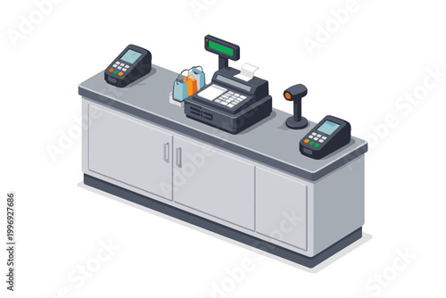 Isometric vector illustration of a modern retail checkout counter with a digital cash register, barcode scanner, and two electronic payment terminals for credit card transactions on white.