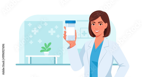 Smiling female scientist or pharmacist holding a bottle of pills in a laboratory or pharmacy