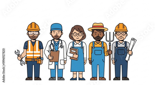 Diverse professionals in various occupations standing together in a row representing teamwork and collaboration in the workplace with different jobs and roles