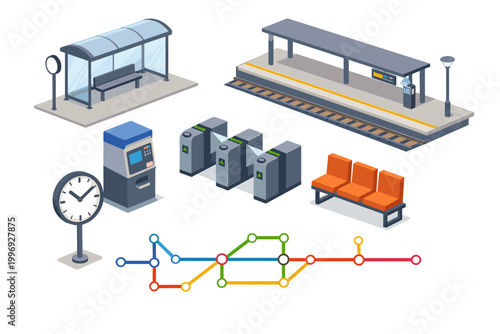 Isometric Public Transport Infrastructure Set with Bus Stop Shelter Train Platform Ticket Machine Turnstiles Waiting Chairs Station Clock and Metro Map for Urban City Transit System Design