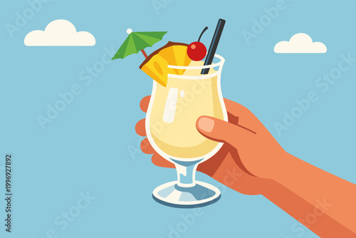 Hand Holding a Pina Colada Cocktail with Pineapple, Cherry, and Umbrella Garnish, Tropical Summer Vacation Drink in Flat Vector Illustration Style, Refreshing Alcohol Beverage against Blue Sky.