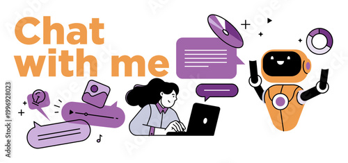 Chatbot communication interface with person and robot artificial intelligence communication interface dialogue technology illustration computer interaction connection assistant conversation