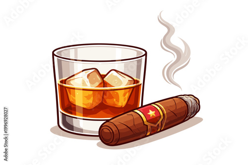 Vector illustration of a glass of amber whiskey with ice cubes and a smoking cuban cigar. Classic luxury drink and tobacco icon for bar, lounge, or gentleman's club. Simple flat cartoon design.