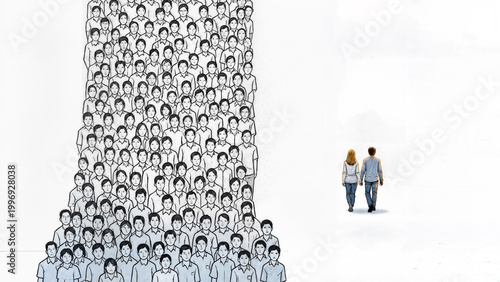 A large, dense crowd of identical, faceless individuals forms a towering, inverted pyramid on the left, while a single, distinct couple walks away from it toward the open white space on the right. The