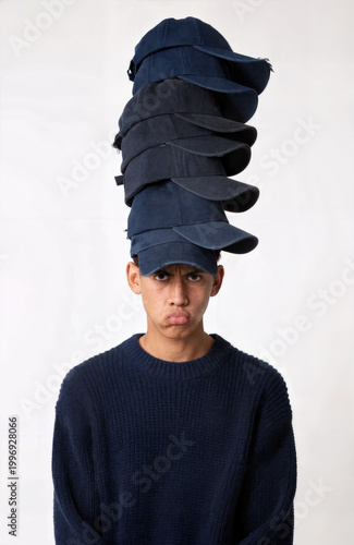 A young man in a dark blue knit sweater stares directly at the camera with a pouty, frustrated expression, while a tall, precarious stack of at least seven denim baseball caps sits balanced