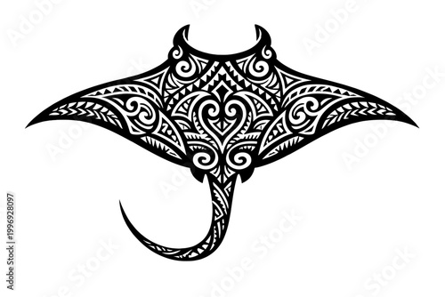 Giant Manta Ray Silhouette with Intricate Maori Tribal Tattoo Patterns, Polynesian Style Ethnic Sea Life Vector Illustration, Decorative Marine Animal Design for Tattoos, Prints, and Graphics