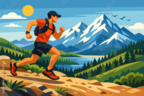 Stylized vector illustration of a male trail runner sprinting on a mountain path with snow-capped peaks, pine forests, and a blue lake in the background, ideal for fitness and adventure themes.