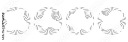 Sun burst with wavy organic shapes. Set of frames with radial rays. Black beats icon, echo effect. Vector