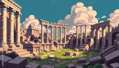 Roman Forum ruins in pixel art style with vibrant colors and serene atmosphere
