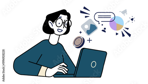 Woman working on laptop with digital icons and data visualization pie chart home office remote work flat design social media computer technology internet visualization analysis strategy