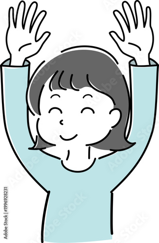 ニッコリ笑いながら両手を挙げる女性の上半身シンプルイラスト（喜び・達成・元気・人物） / Simple Upper Body Illustration of Happy Woman Raising Both Hands (Joy, Achievement, Energy, Person)