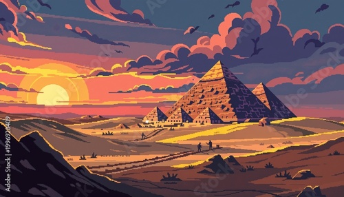 Pyramids at sunset in pixel art style with vibrant colors and serene atmosphere