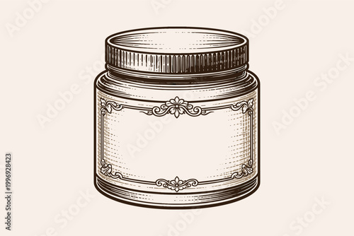 Vintage Engraved Illustration of a Cosmetic Cream Jar with Cap and Decorative Label for Skincare Product Branding, Retro Apothecary Style Hand Drawn Woodcut Vector Art on Neutral Background
