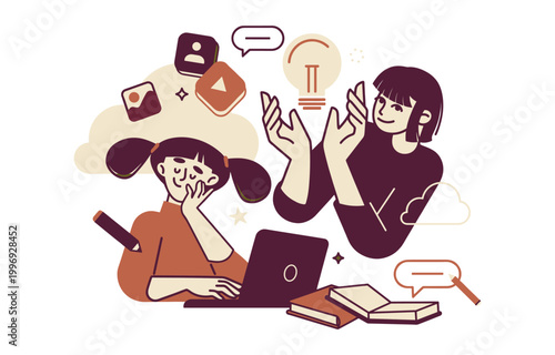 Teamwork and collaboration illustration with people and social media icons teamwork collaboration illustration learning business communication strategy planning creativity discussion