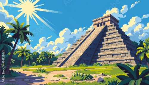 Pixel art of Chichen Itza pyramid under bright sunlight with lush greenery