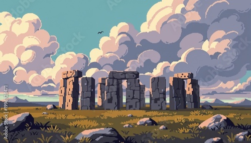 Stonehenge pixel art with colorful clouds and grassy foreground