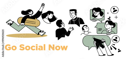 Go social now concept with people connecting and communicating online social media go network connecting communication networking interaction community conversation