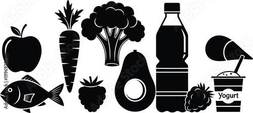 Black silhouettes of healthy food and drink apple carrot broccoli fish strawberry