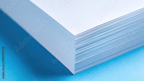 Close up view of blank paper stack on blue background for office and creative uses