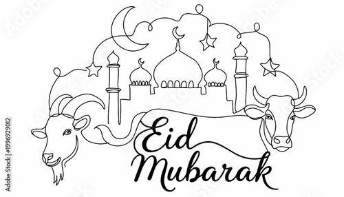 Eid Mubarak Greeting Card Featuring Mosque, Stars, and Animals for Celebration
