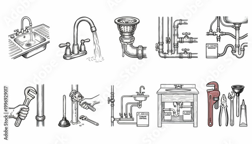 A collection of plumbing tools and fixtures, showing various aspects of plumbing work and installation