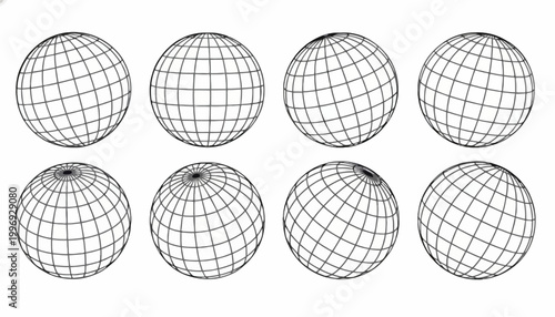 Collection of wireframe globes displaying different perspectives and perspectives of the planet Earth