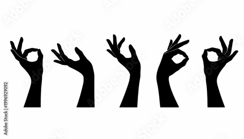 Five diverse hand gestures signaling agreement, approval, and well-being with fingers forming circles and arcs