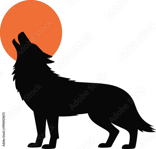 Silhouette of a wolf howling at an orange sun vector illustration EPS PNG file