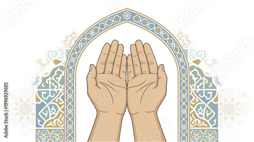 Hands in prayer cupped before ornate arch with geometric mosaic patterns, conveying devotion and peaceful spirituality