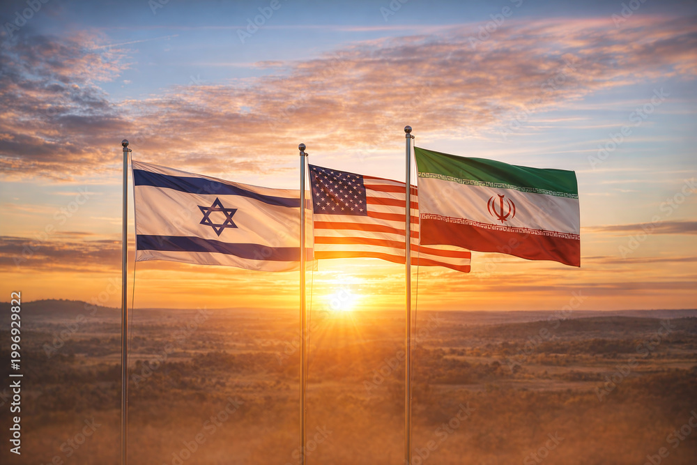 Fototapeta premium Flags of Israel, USA, and Iran Waving at Sunset