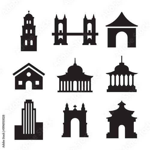 Architectural landmark icon set showcasing diverse building styles from historic towers and bridges to modern skyscrapers and monuments.