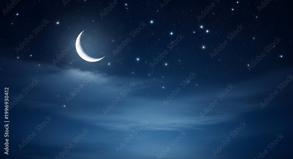 Naklejka premium Serene nightscape crescent moon and sparkling stars in a dark blue sky