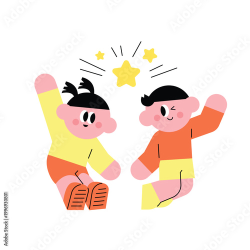 Joyful kids jumping to reach a shining star success concept