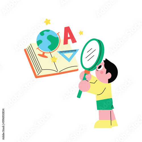 Curious boy exploring book with magnifying glass education concept