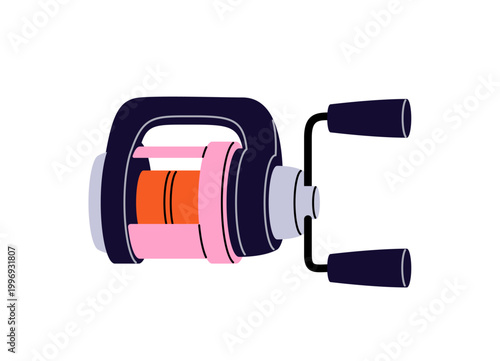 Modern fishing reel. Colourful angling rod item for casting and trolling line. Fishery tackle. Angler gear, equipment for catching fish. Flat isolated vector illustration on white background