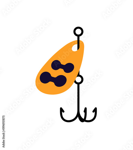 Plastic fishing bait with metal hooks. Icon of spoon lure. Fishery tackle for catching fish. Angling item with fishhooks. Fishermen accessory. Flat isolated vector illustration on white background
