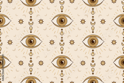 Seamless Mystical Eye Celestial Pattern with Stars and Moon – Vintage Boho Spiritual Background