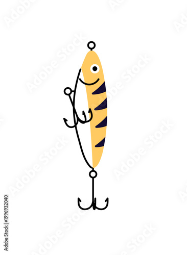 Fishing bait icon. Angling lure with hooks for catching fish. Modern fishery tackle. Colored wobbler, crankbait, minnow with fishhooks. Flat isolated vector illustration on white background