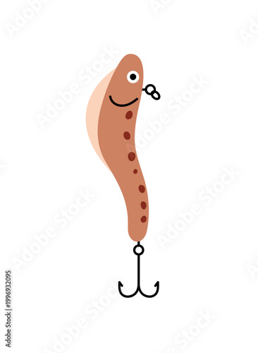 Metal or rubber lure for angling rod. Fishing bait with hooks. Little fish with fishhook for catching. Fishery tackle. Fisherman accessory. Flat isolated vector illustration on white background