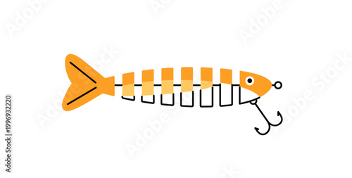 Fishing lure. Artificial bait with hook for catching fish in water. Angling rod accessory with fishhook. Fishery tackle wobbler, swimbait. Flat isolated vector illustration on white background