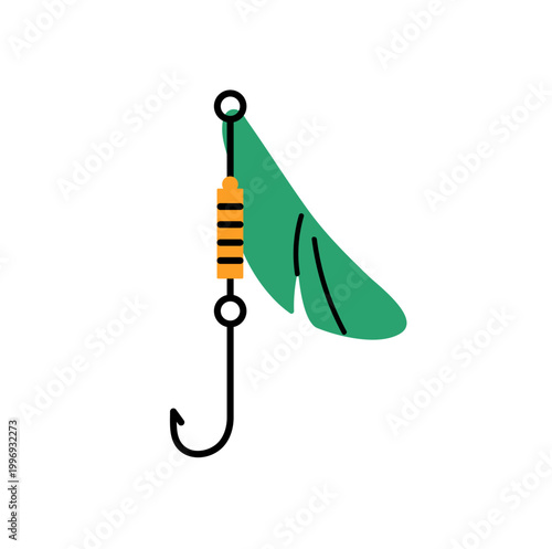 Artificial fly fishing lure. Angling bait with feathers for catching fish in water. Spinnerbait with hook. Fishhook for spinner. Fishery tackle. Flat isolated vector illustration on white background