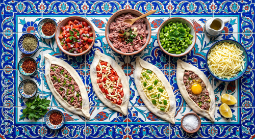 Hyper-realistic top down view of Pide ingredients on Turkish Iznik tile
