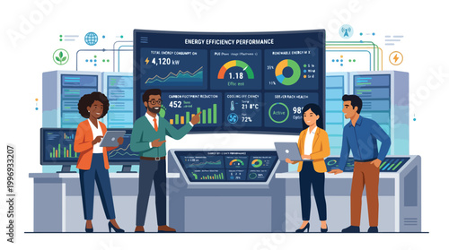 Diverse workers manage energy efficiency performance in a modern data center, analyzing sustainability metrics and optimizing technological infrastructure