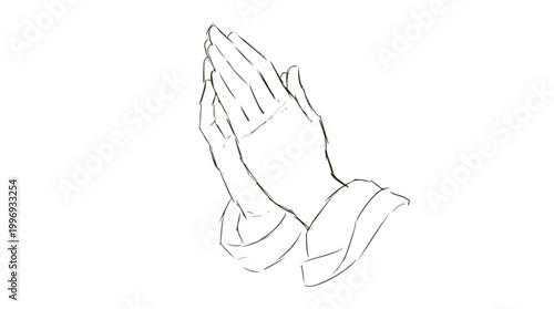 Minimalist line drawing of praying hands pressed together in a reverent, serene pose on a white background